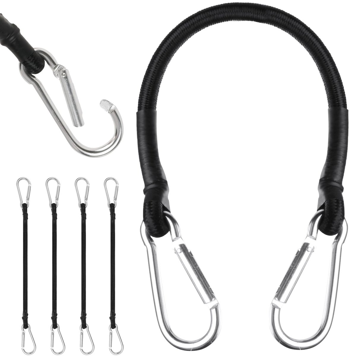 Dailygoods- Expandertouw 4 Stuks - Elastisch Koord 30/60/100 cm - Karabijnhaken - Slijtvast - Sterke Elasticiteit - Rubbergaren met Polypropyleen - Elastisch Touw