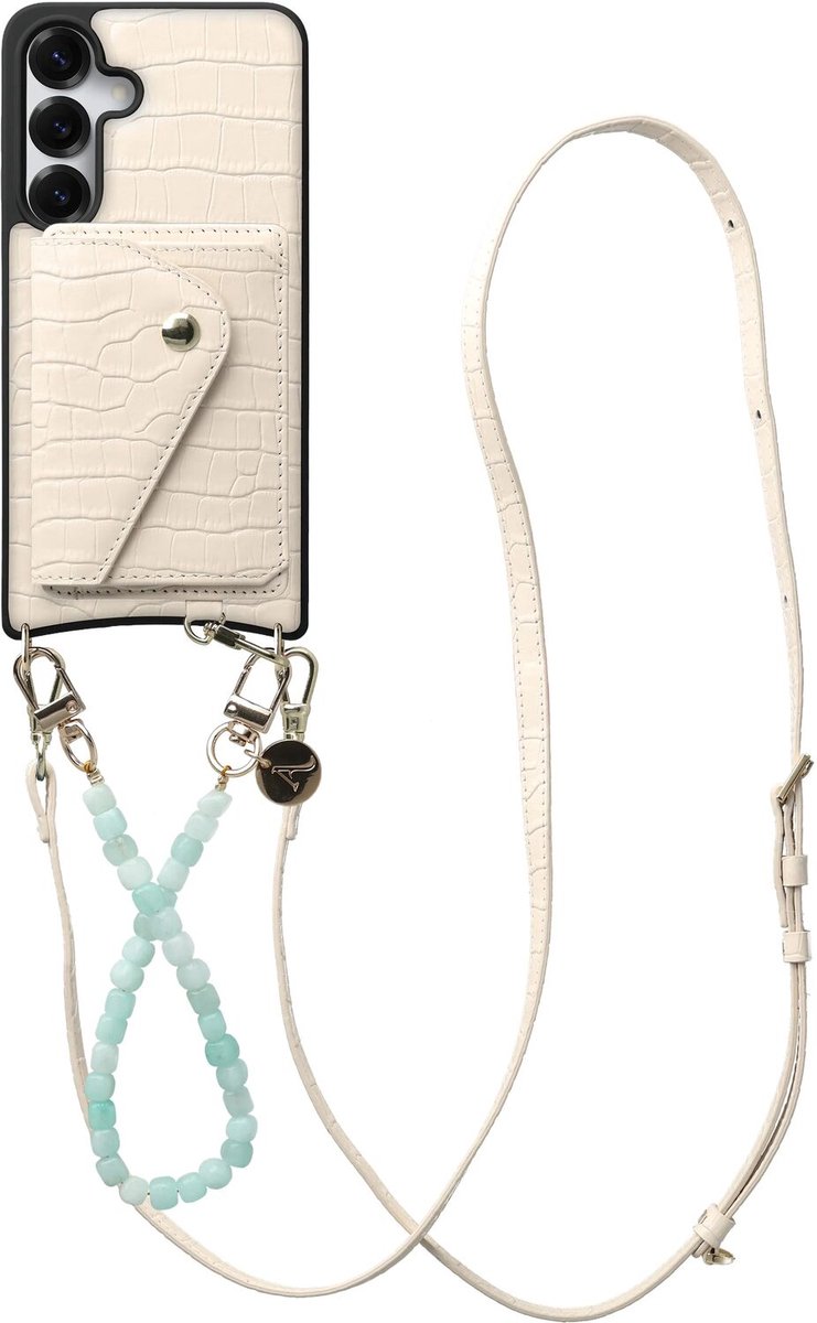 AVY Leren Hoesje geschikt voor Samsung Galaxy S25 / S24 | Met Koord en Kaarthouder | Compatibel met MagSafe | Leather Case met Polsand & Crossbody Koord & Wallet | Cubiq Leather Set | Croco Beige