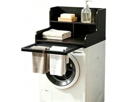 Wasmachine Onderstel - Droger Werkblad - Huishoudelijke Organisatie - Uittrekbare Drooglijn - 60 x 64 cm - Zwart