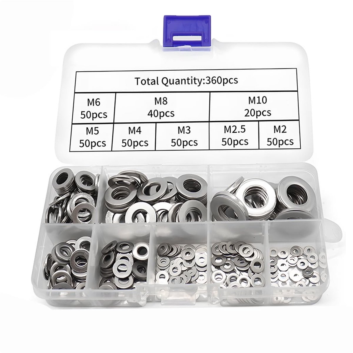 Dailygoods- Sluitringen 360 stuks - Roestvrij Staal - Platte Sluitringen - Corrosiebestendig - Universele Toepassing - Diverse Maten M2 t/m M10 - Pakkingen