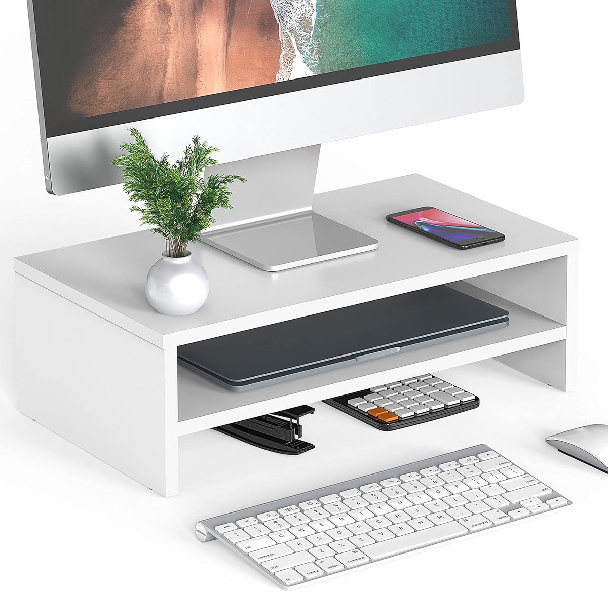 Monitor Verhoger - Bureau Organizer - Ergonomisch Werken - Twee Lagen - 42.5x23.5x14cm - Wit