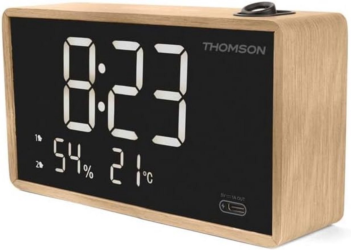Wekkerradio met projectie - Digitale wekker - Comfortabele ochtenden - Temperatuur en vochtigheid - 155 cm breed - Hout en zwart