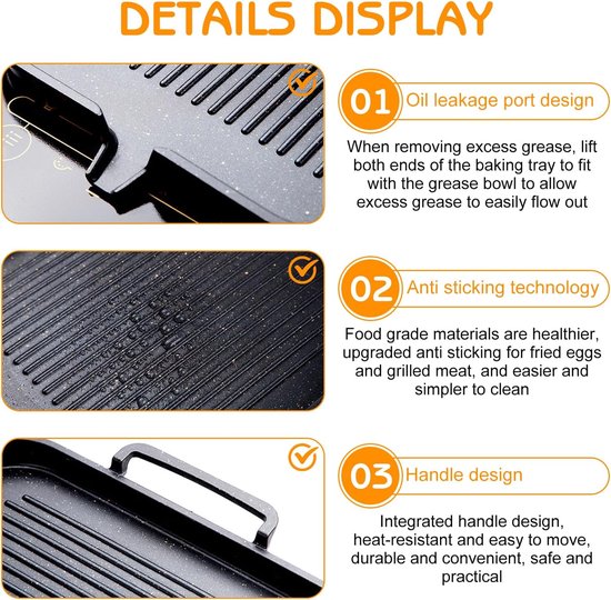 Grill Plate for Induction, Cast Iron Grill Plate, Rectangular Grill Pan, Grill Attachment, Gas Stove, Camping, Grill Plate, Camping Grill Plate, Non-Stick Coating, for Hobs, Oven, BBQ — afbeelding 5