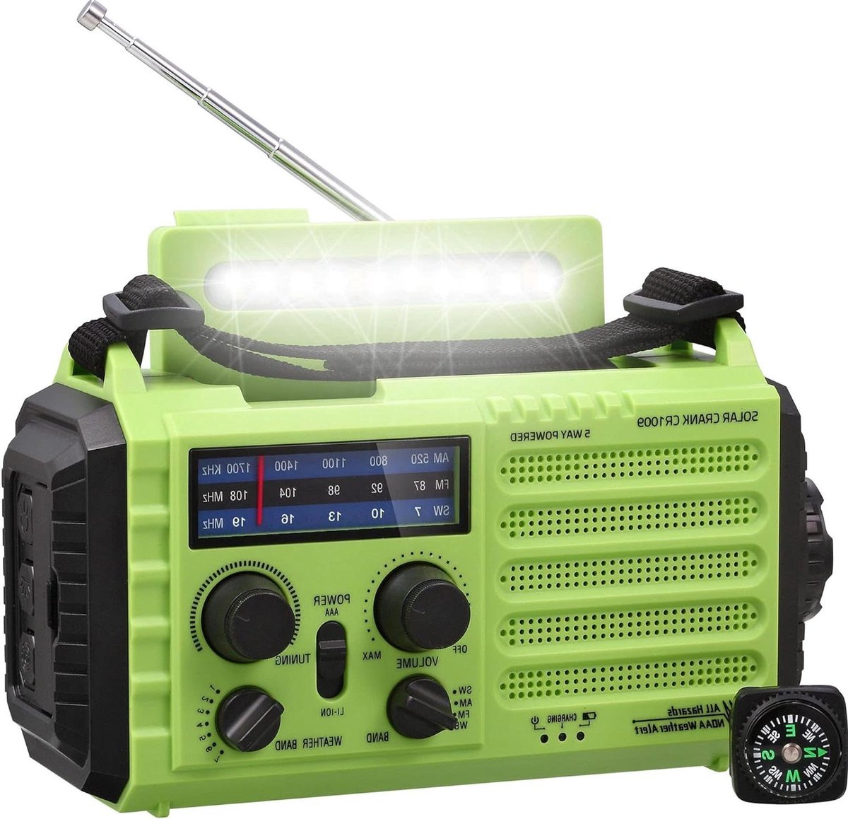 Noodradio - Weerstation Radio - Noodsituaties Buiten - Zes Laadopties - 5000mAh Batterij - Groen