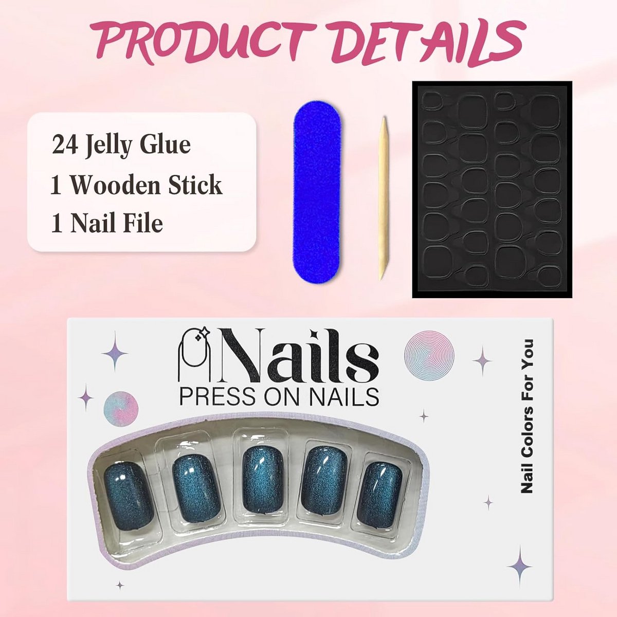 30 Pcs French False Nails Short Square, Blue Crystal Press-on Nails, Glitter Cat Eye Fake Nails with Glue Stickers, Cute Natural Acrylic Full Coverage Sticky Nails for — cadeau in Verzorging - foto 4