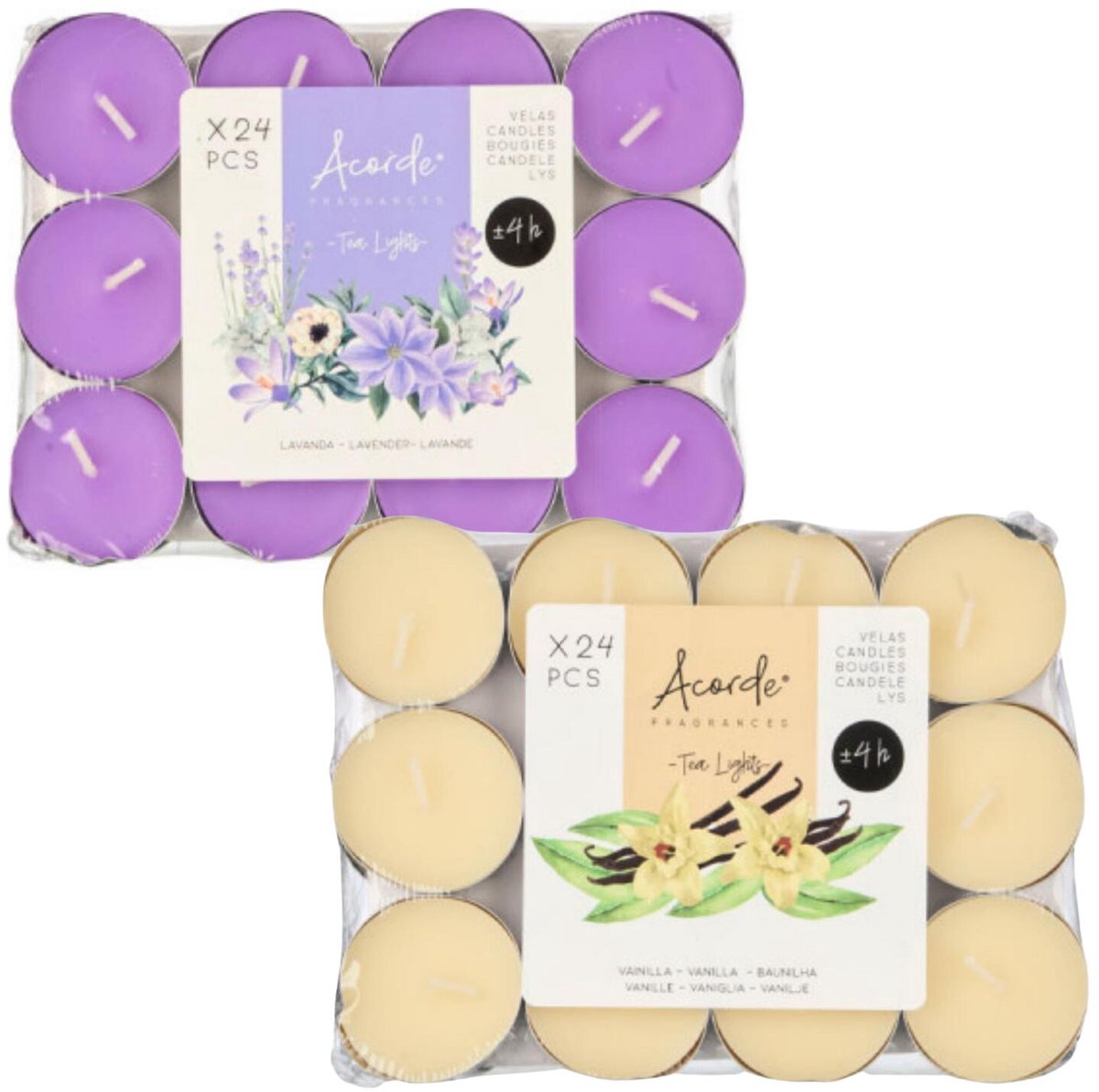 Atmosphera Acorde theelichtjes - 48x - 24x lavendel - 24x vanille - aroma/geurkaarsen Lavender paars