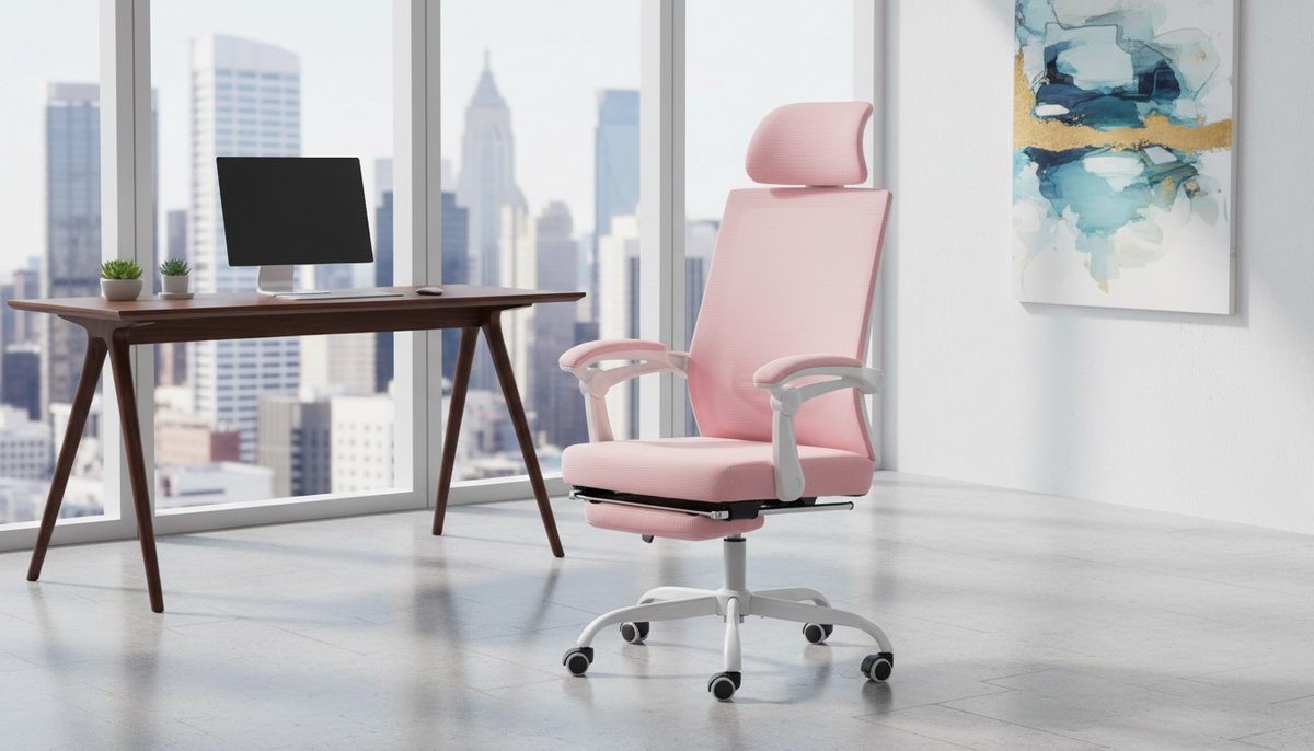 Ergonomische bureaustoel met voetensteun – House&Garden Premium Mesh Gaming & Kantoorstoel met Verstelbare Hoofdsteun, Lendensteun en Kantelfunctie tot 135° – Comfortabele Draaistoel voor Thuis en Kantoor (Roze)