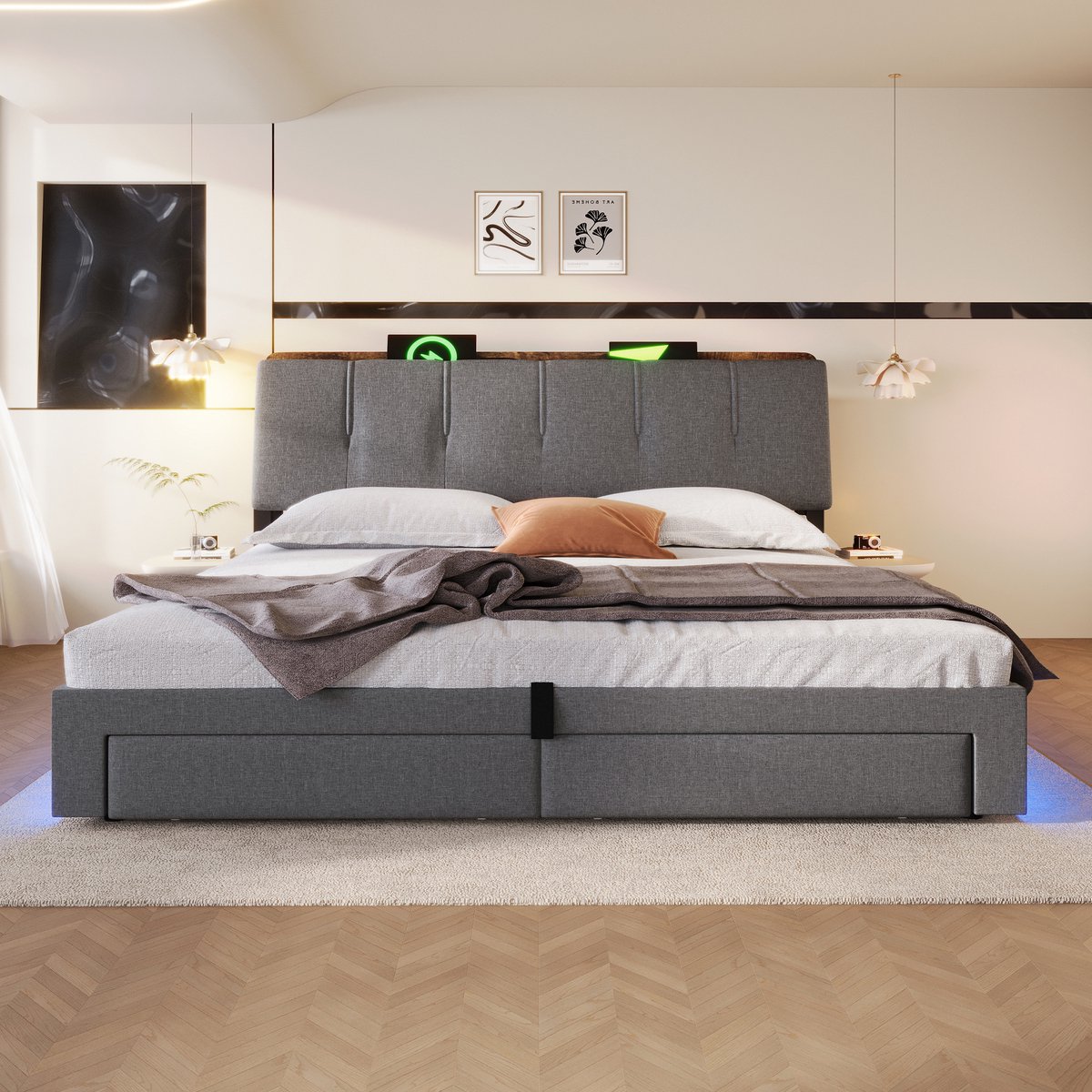 MODENUIT Gestoffeerd bed 180x200 cm – USB-C en ledverlichting – Hydraulische opbergruimte en lades – Zonder matras – Grijs