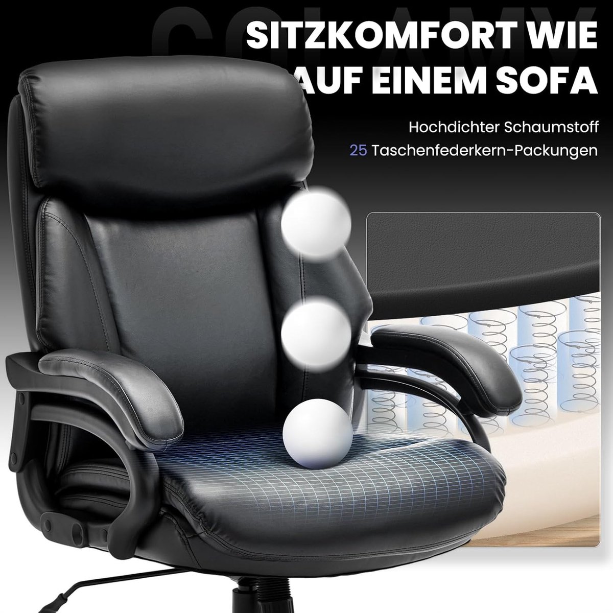 Bureaustoel XXL Ergonomisch – House&Garden Directiestoel Luxe Leer – Extra Brede Zitting 59 cm – Belastbaar tot 181 kg – Hoge Rugleuning – Verstelbare Armleuningen – Kantelbaar 90°–120° – Ergonomische Kantoor & Thuiswerk Stoel – Zwart thumbnail 2