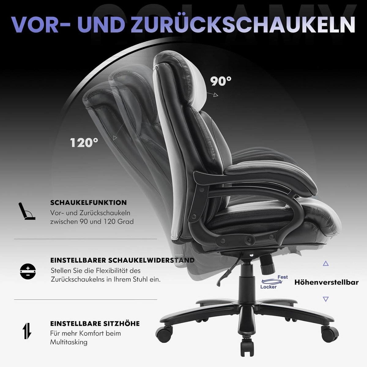 Bureaustoel XXL Ergonomisch – House&Garden Directiestoel Luxe Leer – Extra Brede Zitting 59 cm – Belastbaar tot 181 kg – Hoge Rugleuning – Verstelbare Armleuningen – Kantelbaar 90°–120° – Ergonomische Kantoor & Thuiswerk Stoel – Zwart thumbnail 3