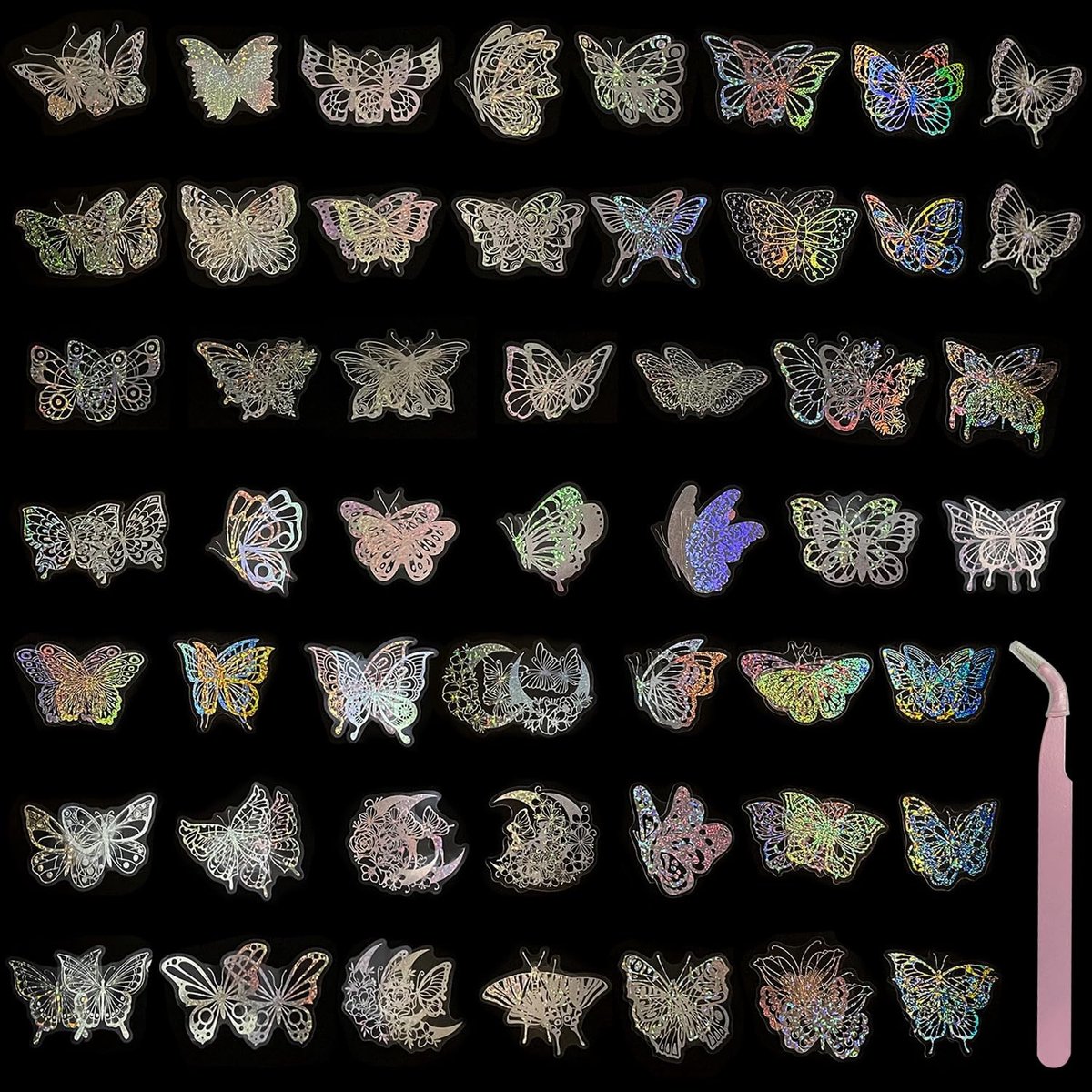 Dailygoods- Vlinderstickers 100 stuks - Holografische Decoratieve Stickers - Waterdicht - Transparante PET Stickers - Inclusief Roze Pincet - 50 Verschillende Patronen - Decoratiestickers