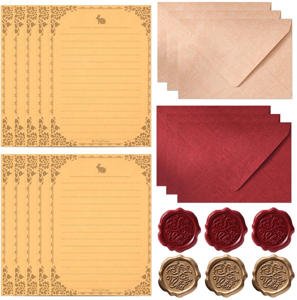 Dailygoods- Briefpapierset 16-delig - Linnen Enveloppen (6 stuks) - Kraftpapier Briefvellen (10 stuks) - Waszegelstickers (6 stuks) - Vintage Stijl - Duurzaam Materiaal - Briefpapier