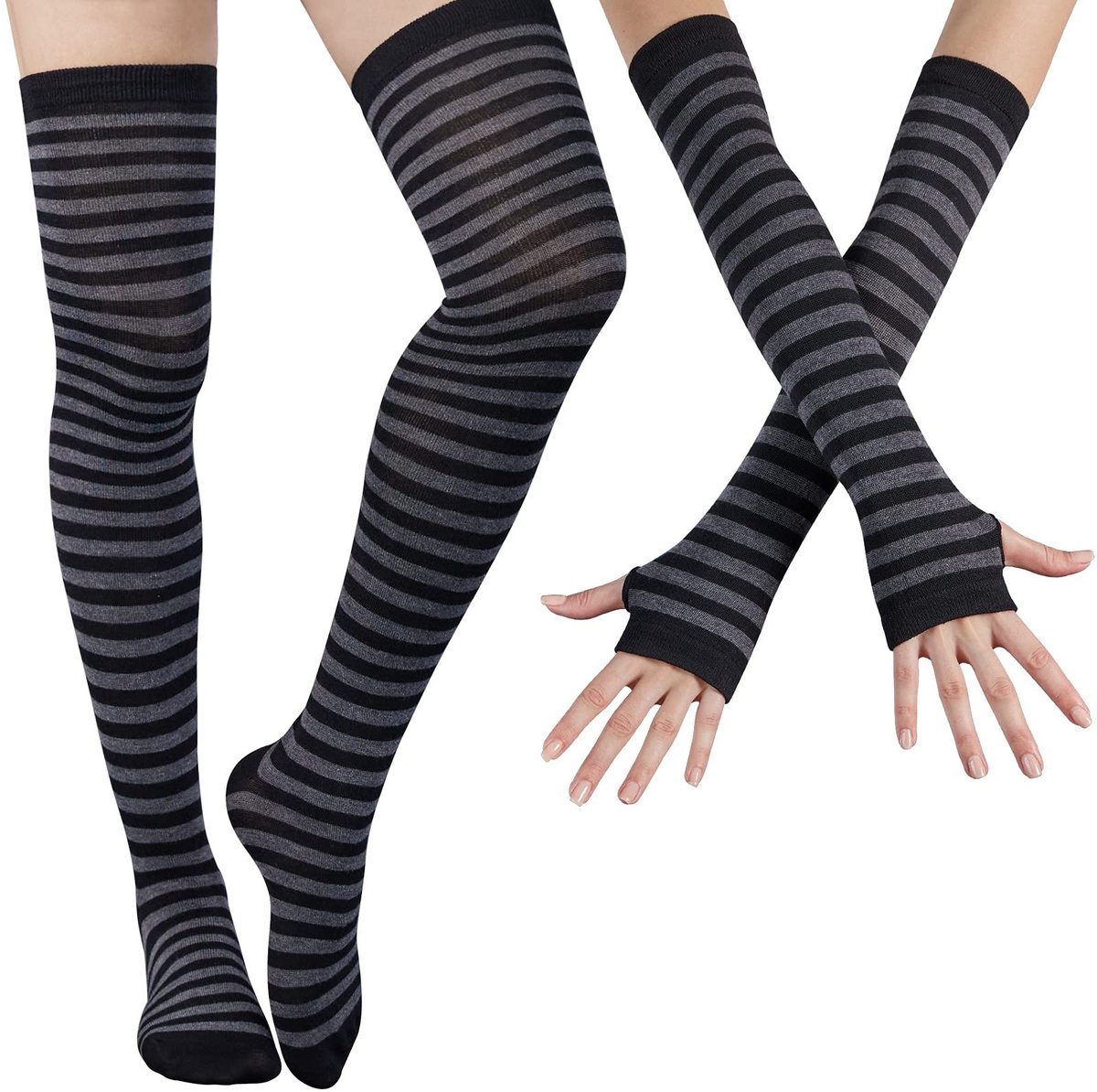 Dailygoods- Damessokken Gestreept - Kniekousen - Armwarmer - Vingerloze Handschoenen - Set - Trendy Mode - Kousen