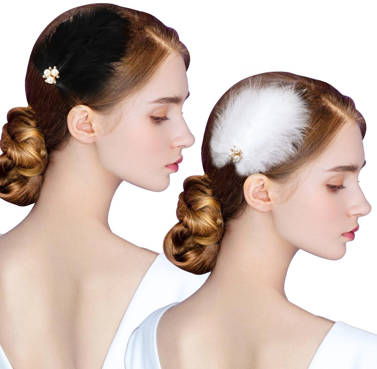 Dailygoods- Haarclips 2-delig - Veer Haarspeld - Fascinator Dames - Strass Steentjes - Parel Hoofddeksel - Natuurlijke Veer