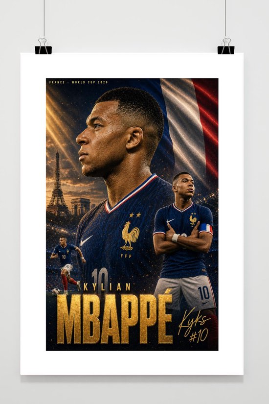 Poster Kylian Mbappé - Posters Football - Sport - Coupe du Monde 2026 - France - Kyks - Attaquant - Avec Bordure Blanche - Effet Passe-Partout - Décoration Murale Salon - Papier 180 grammes - BS7402WV - Format 50 x 70cm