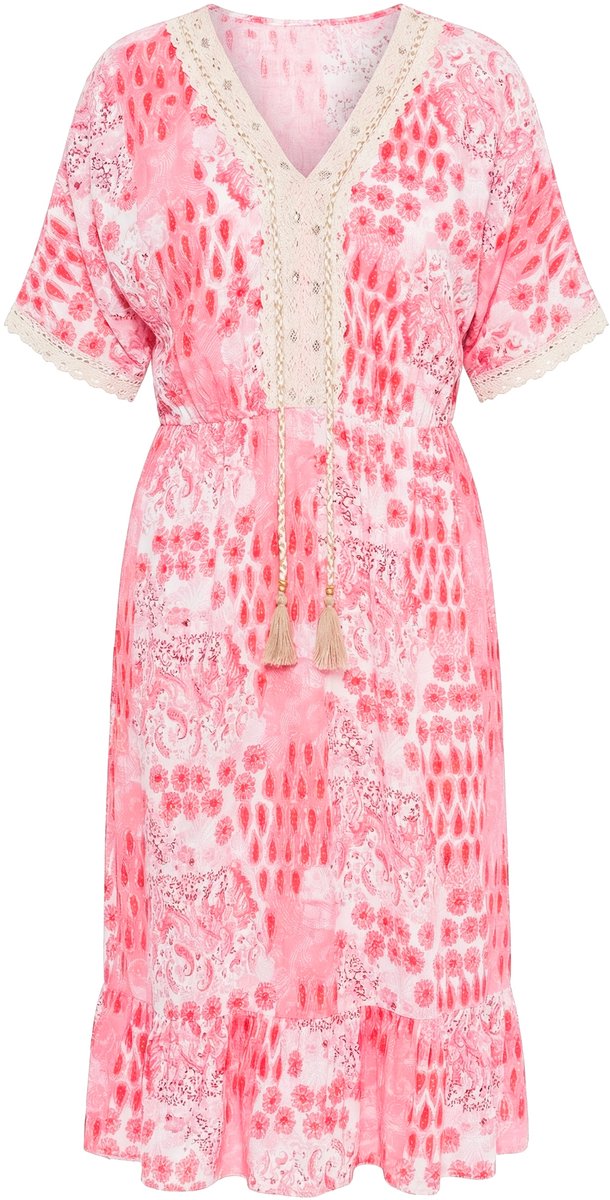 MIAMODA - Dames - Midi-jurk comfortabele pasvorm all-over print kanten linten - Neonrood - Maat 54