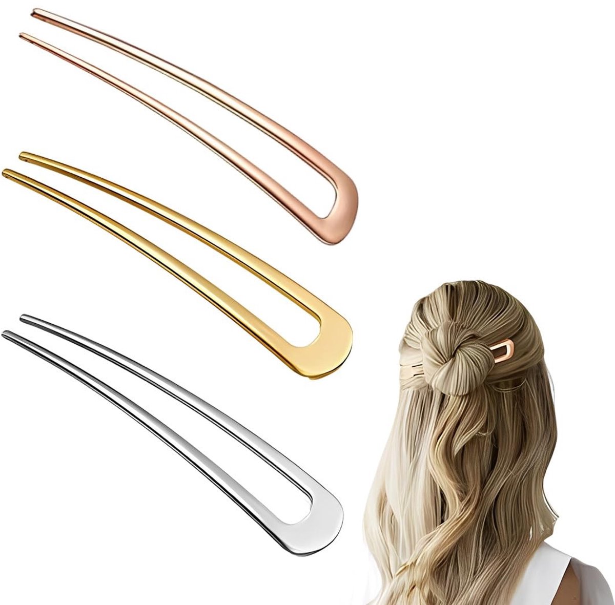 Dailygoods- Haarspelden U-vormig - 3 Stuks - Metalen Haarspelden - Geschikt voor Dik Haar - Elegante Accessoires - 14 cm Lengte - Haarklemmen