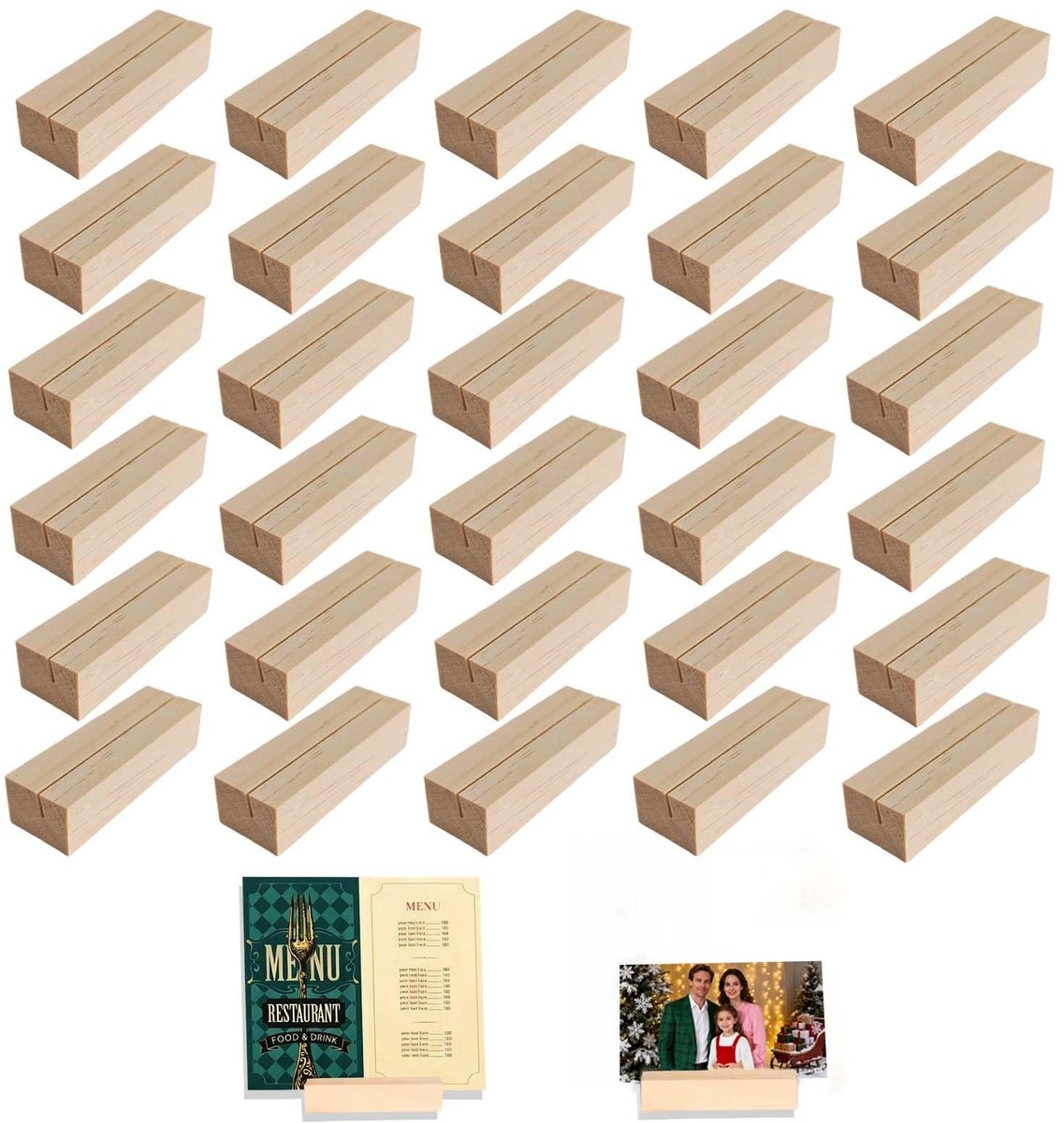 Dailygoods- Tafelkaarthouder Set van 30 - Houten Kaart Standaard - Natuurlijke Kleur - 7x2.3x1.7 cm - Stabiliteit - Perfect voor Bruiloft/Verjaardag - Kaartstandaard