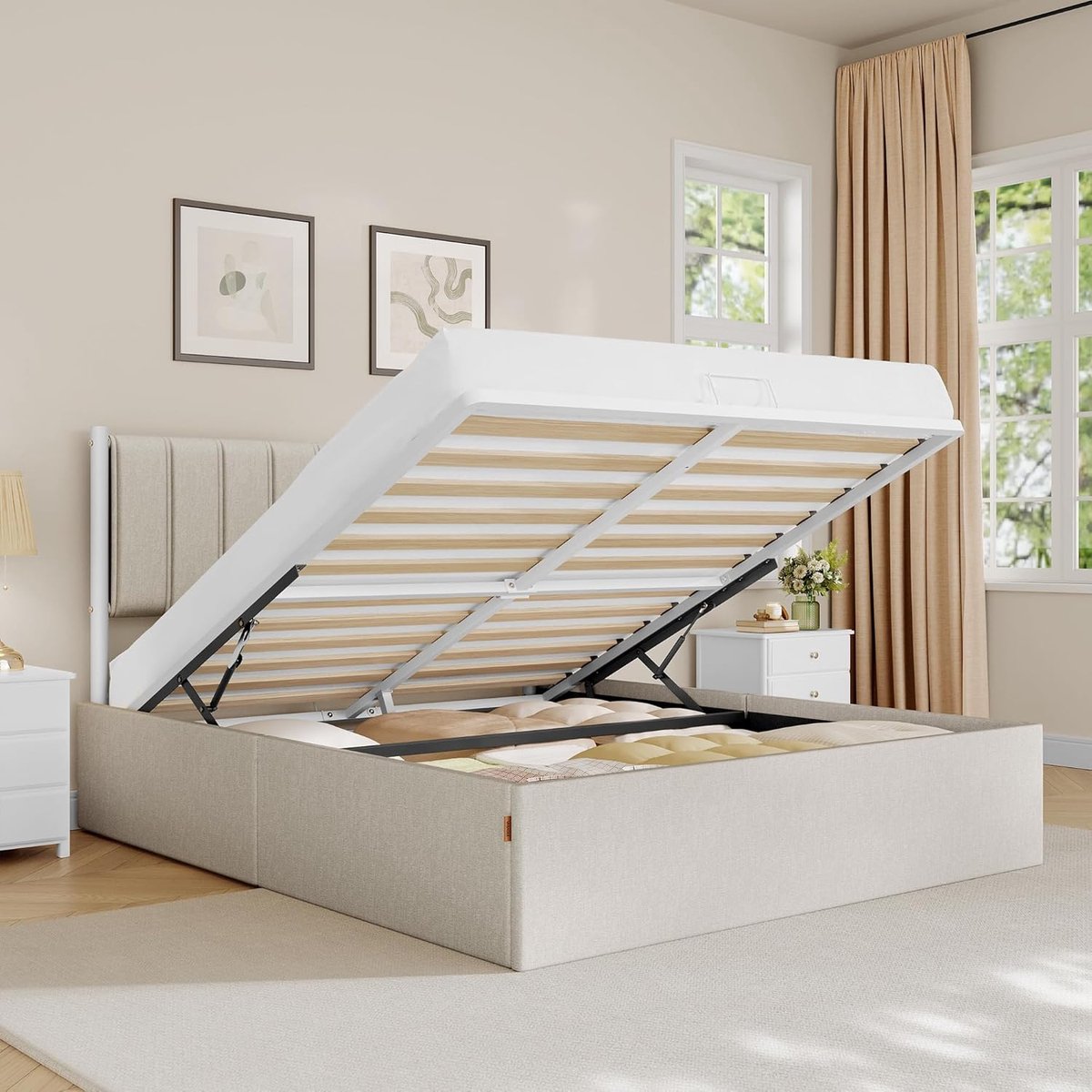 Hydraulisch Opbergbed 160x200 cm met Opklapbare Lattenbodem, Gasveer Mechanisme, Comfortabel Hoofdbord en Extra Onderbed Opbergruimte – Modern Stalen Bedframe Cappuccino Beige – Mobili Bella