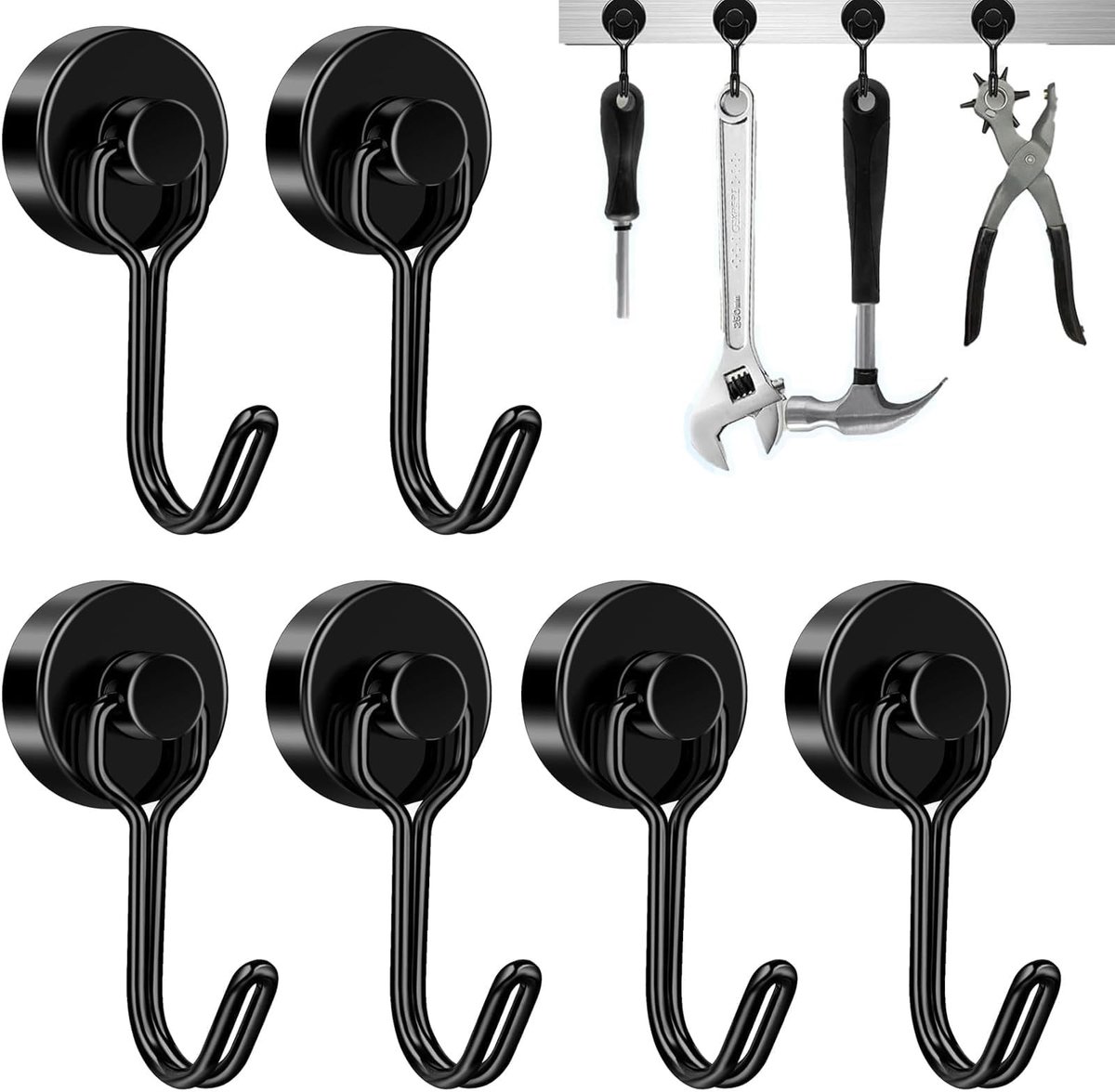 Dailygoods- Magneethaken Extra Sterk - 6 Stuks - 25 mm Neodymium Magneten - Houdt 15 kg - Draaibare Zwarte Haken - Duurzaam en Roestbestendig - Magnetische Haken
