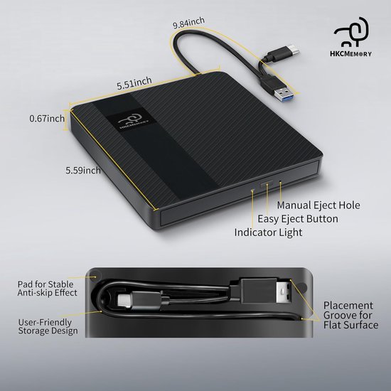 Externe CD/DVD Drive - Dvd Brander Lezer - Bestanden Backuppen - Plug & Play - Slim Draagbaar - Zwart — afbeelding 3