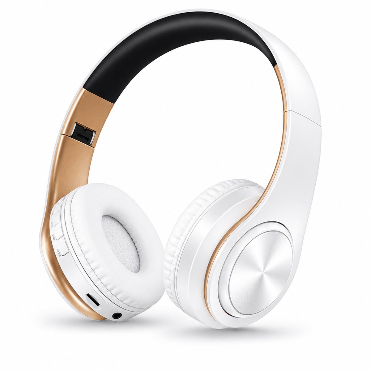 DrPhone Draadloze Bluetooth 5.0 Koptelefoon met 4 functies - SD kaart - FM - AUX - Handsfree Met Microfoon & Diepe Bass - Wit/Goud