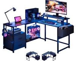Gaming Bureau met LED Verlichting - 120x120x75cm - L-Vormig Game Bureau met Stopcontact - 2 Non Woven Lade - Gaming Desk - Computer Tafel - Gaming Tafel - Bureau voor Gamen, Studeren en Werken - Zwart