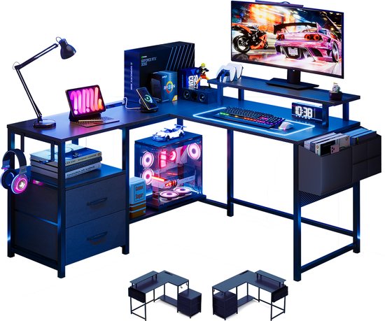 Gaming Bureau met LED Verlichting - 120x120x75cm - L-Vormig Game Bureau met Stopcontact - 2 Non Woven Lade - Gaming Desk - Computer Tafel - Gaming Tafel - Bureau voor Gamen, Studeren en Werken - Zwart