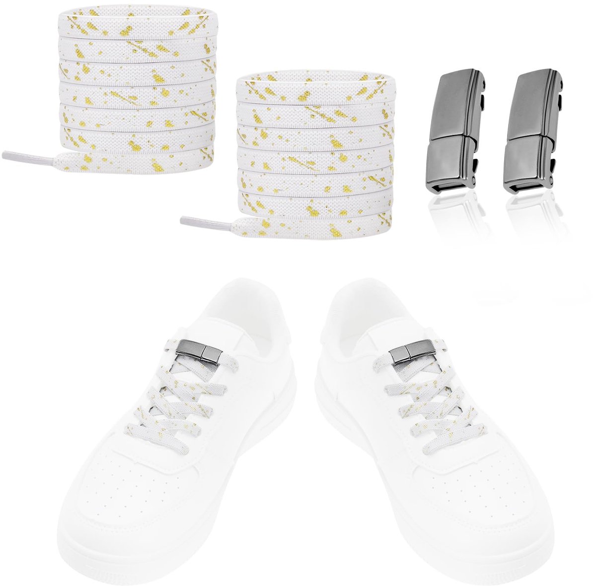 Dailygoods- Schoenveters Elastisch - No Tie Veters - Antislip Gesp - Voor Sneakers/Laarzen - 1 Paar Gunmetal/Wit - Ideaal voor Kinderen/Ouderen