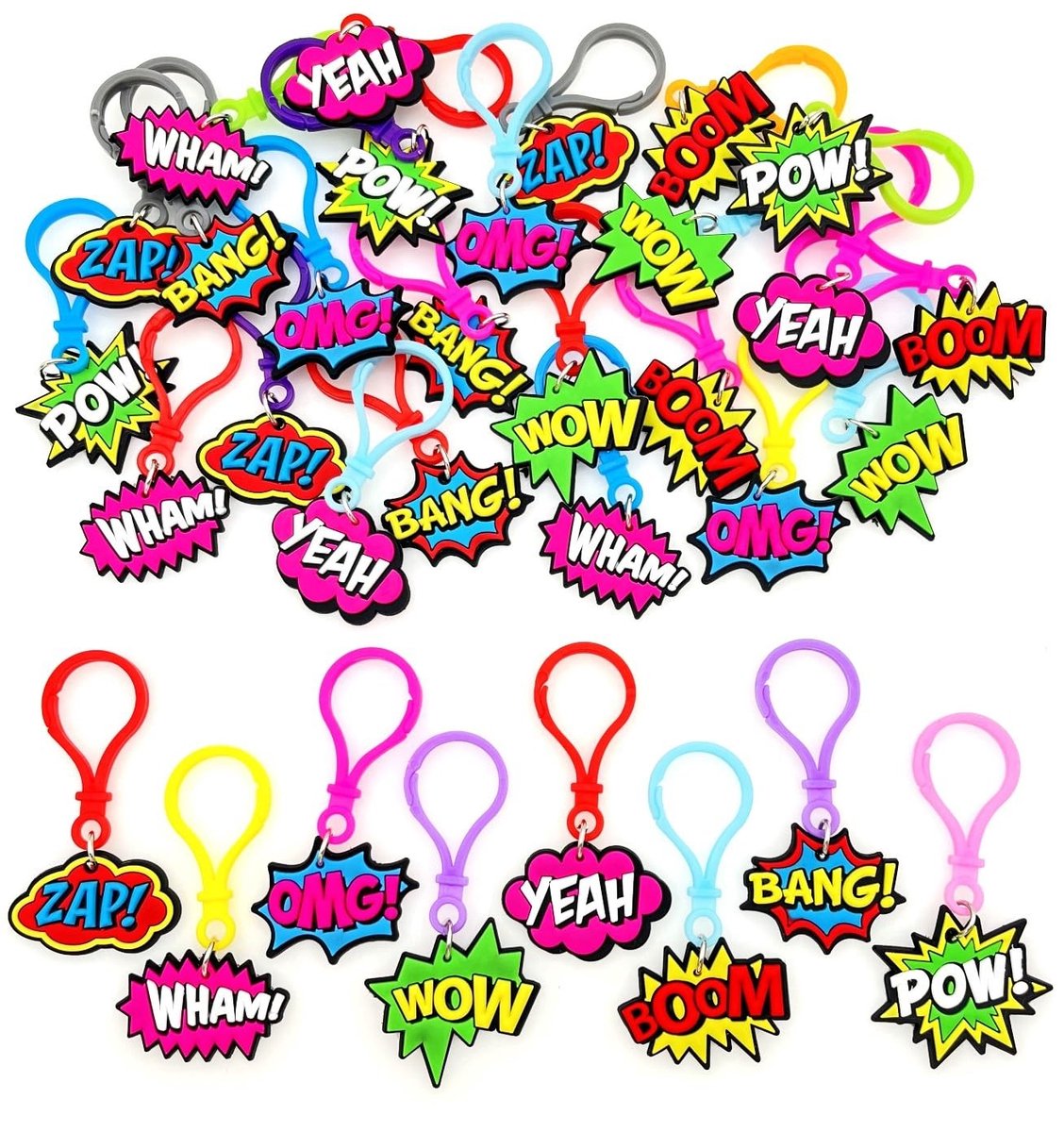 Dailygoods- Sleutelhangers 32 stuks - Comic-stijl - Uitroepwoorden - PVC - Karabijnsluiting - 4 x 3 x 0,3 cm - Sleutelhanger