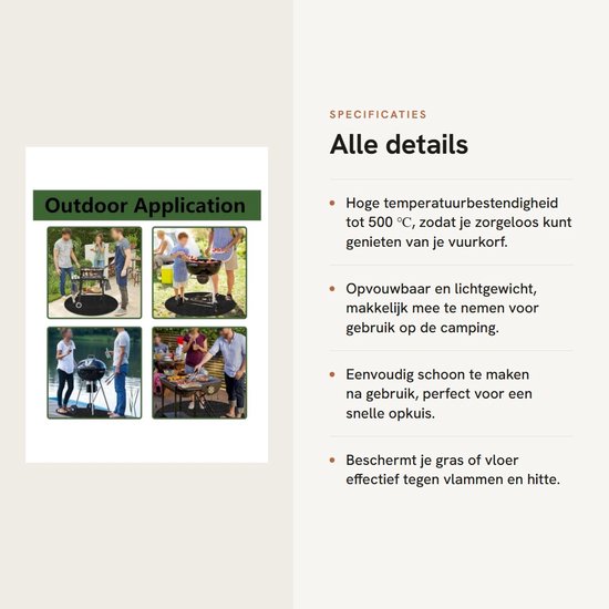 Vuurkorfmat, 105 x 106 cm ronde vuurvaste mat, vuurkorf voor buiten, opvouwbare vuurplaats, grillmat, resistente terrasgrillmat voor terrasplanken, gras, gazon, achtertuin en buitencamping van Merkloos	 — afbeelding 2