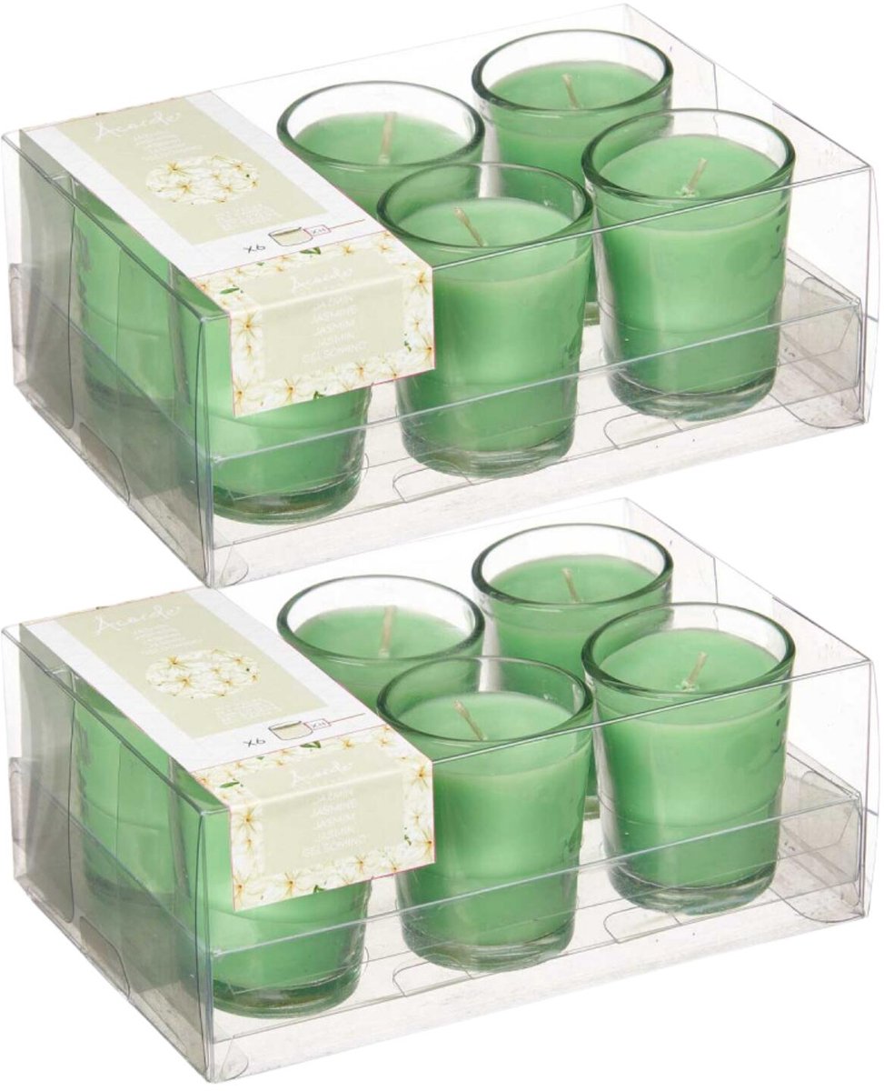 Arte r Arte regal geurkaarsen - 12x - jasmijn geur - groen - 8 branduren - in glas - aroma kaars