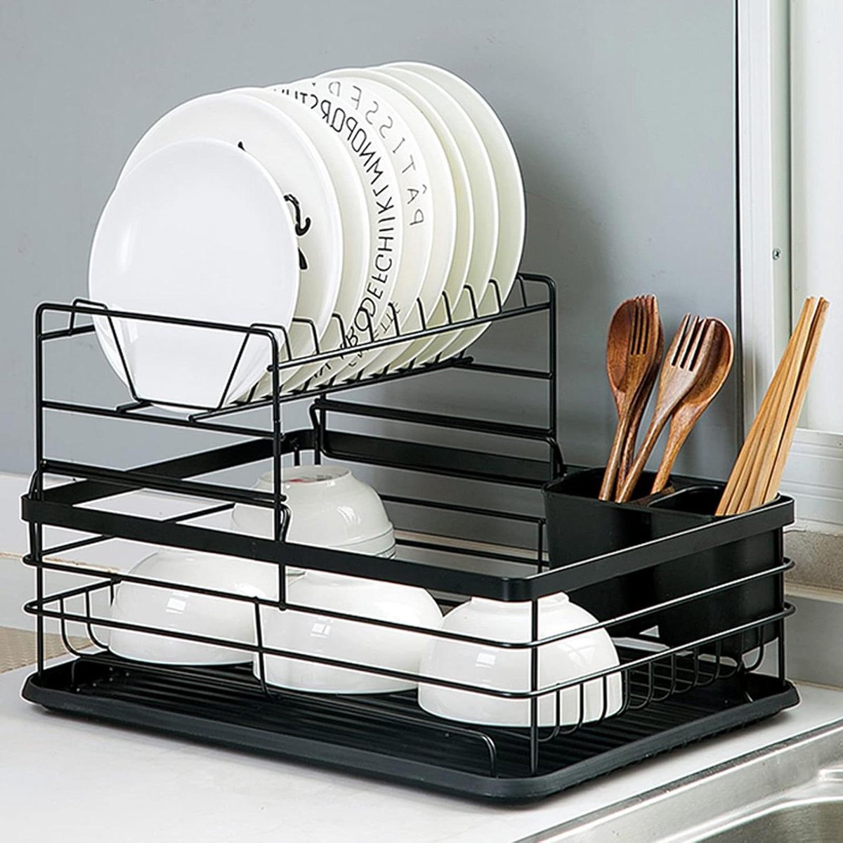Afdruiprek - Vaatdroger Keuken - Servies Opbergen - Roestvrij Staal - 43 x 32 x 27 cm - Zwart