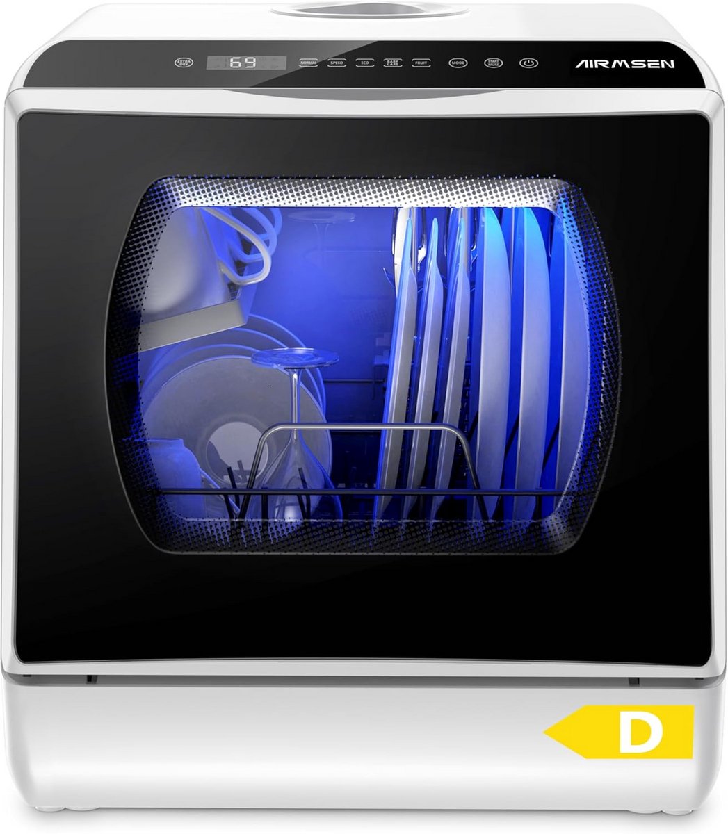 AIRMSEN Mini Tafelblad Vaatwasser - Verbeterde 6 Programma's Draagbare Aanrechtblad Vaatwasser Geen Leidingwerk met 2 Watertoevoer Modi voor Keuken Appartement Buiten - met Babyverzorging Modus