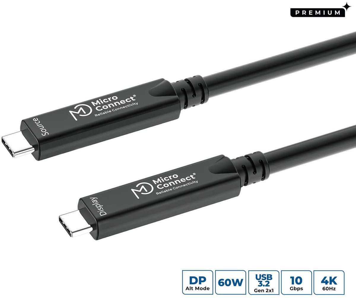 MicroConnect USB-C naar USB-C kabel 5m, Premium glasvezel, bidirectioneel. 10 Gbps, 8K, 60W