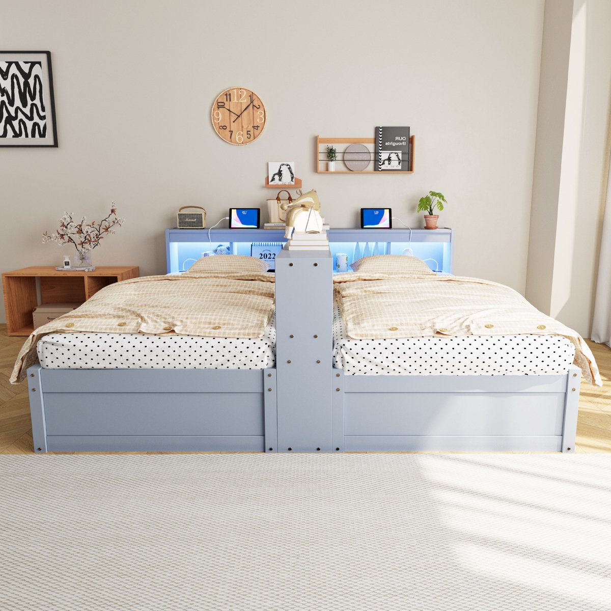 HAUSS SPOLE Multifunctioneel Bed 90/180x200 cm - Uitschuifbaar Met Opbergruimte En Led - Zonder Matras - MDF En Hout - Grijs