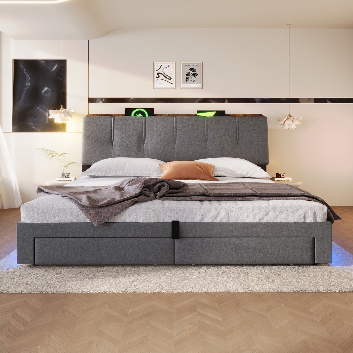 HAUSS SPOLE Gestoffeerd Bed 180x200 cm - Met USB En USB C En LED - Met Opbergruimte - Zonder Matras - Linnen - Grijs