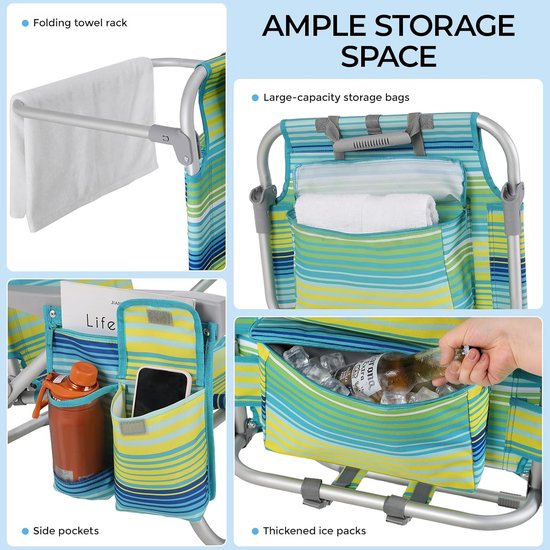 Luxe Strandstoel Set van 2 - Verstelbaar (5 Standen) - Inklapbaar met Rugzakbanden, Koeltas & Handdoekrek - Groen/Blauw Gestreept van Luxe. — afbeelding 3