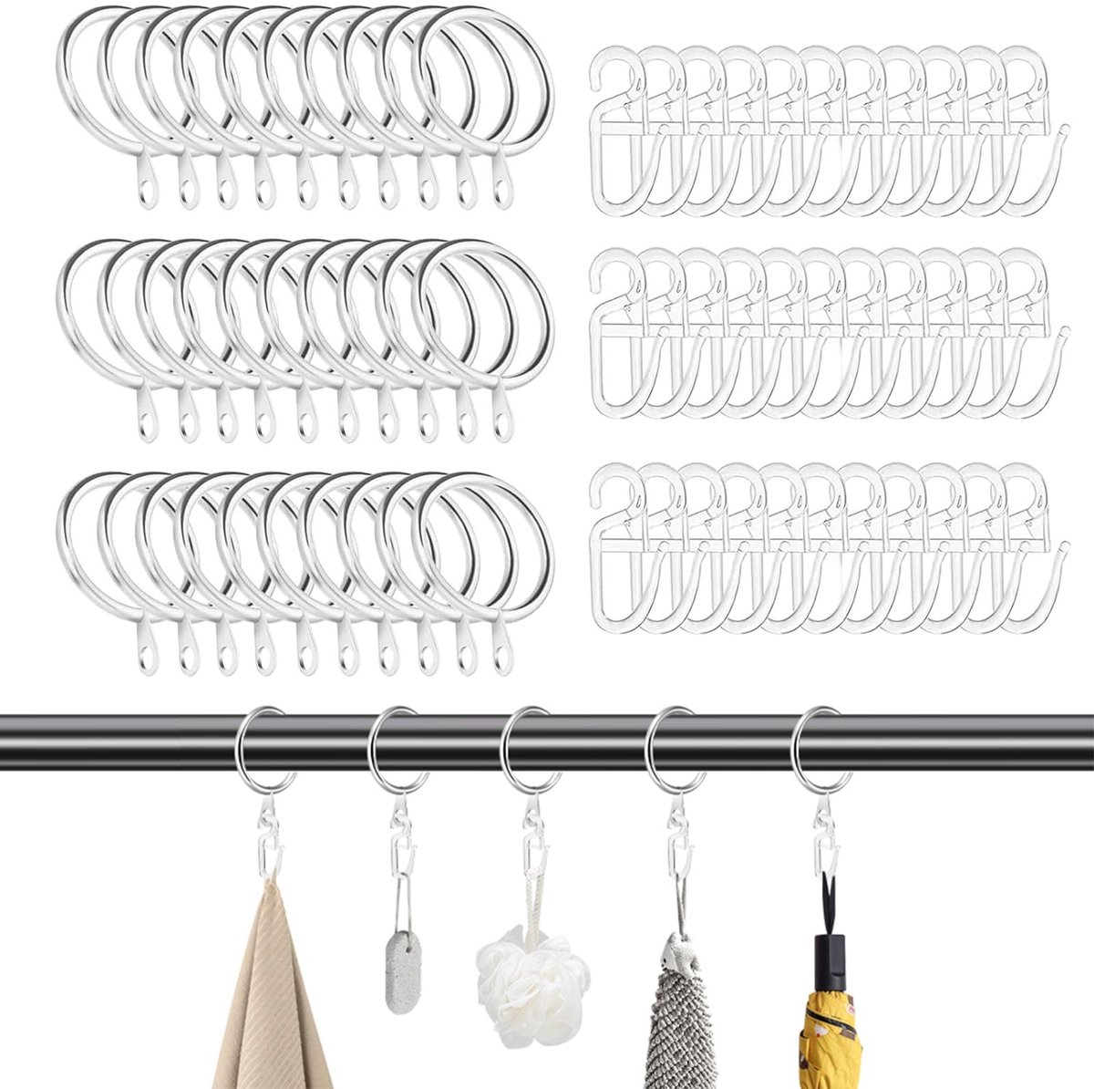 Dailygoods- Gordijnringen Metalen - 30 Stuks Kunststof Gordijnhaken - 30 mm Binnendiameter - Voor Raam-/Deur-/Douchegordijnen - Zilver - Gordijnhaak