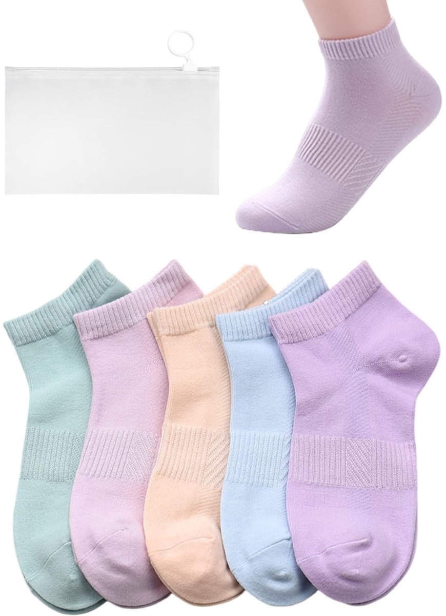 Dailygoods- Enkelsokken Dames - 5 Paar Katoenen Sokken - Zacht en Ademend - Geschikt voor Hardlopen/Fitness - Inclusief Opbergtas - Afmetingen 17 x 8 cm