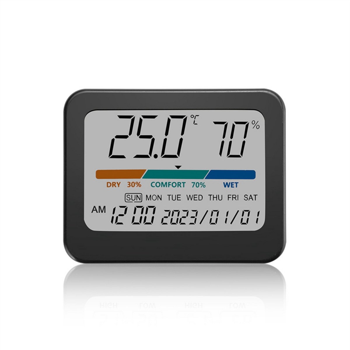 Binnenthermometer en hygrometer: Huishoudelijke kamerthermometer en luchtvochtigheidsmeter, standaardmodel, met indicator, tijdweergave en datumweergave.