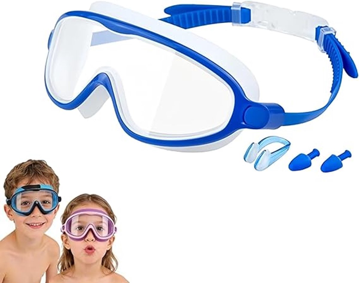 Kinderzwembril, anti-condens en UV-beschermend, gemaakt van zacht siliconen, met verstelbare bandjes, geschikt voor jongens en meisjes (blauw).