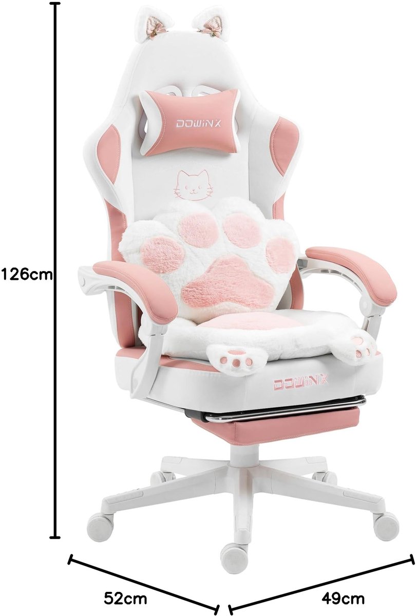 Dowinx Ergonomische Bureaustoel / Gamingstoel – Pocketveren Zitkussen – Dubbel gevoerde Rugleuning & Verstelbaar Lendenkussen – Zachte Stof - Roze-wit – foto 6