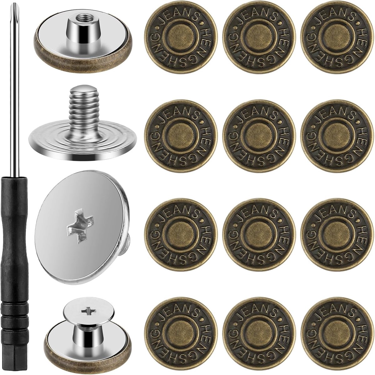 Jeans Knopen Set - Verstelbare Jeansknopen Zonder Naaien - 12 Stuks 15 mm - Legering Met Schroevendraaier - Voor Broek Reparatie En DIY - Brons En Zilver