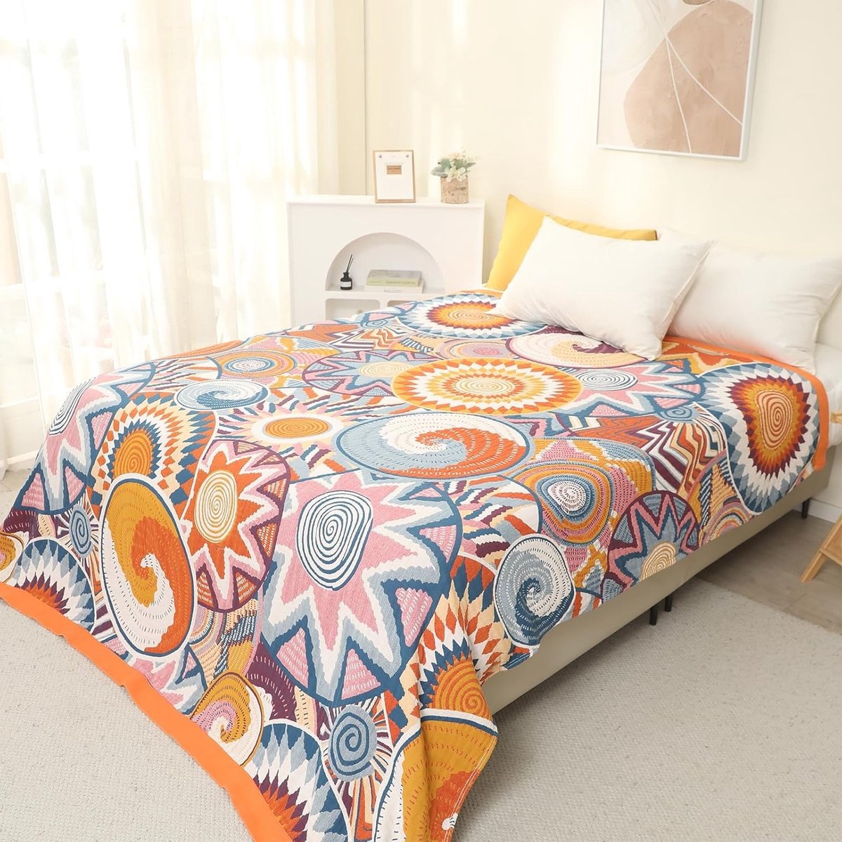 Bohemian Dubbelzijdige Dekentje van 100% Biologisch Katoen, Handgeweven Bed- en Sofadeken, Gezellige Boho Accent voor 2-3 Zitsbanken en Fauteuils - 150x200cm, Kleurrijk en Comfortabel