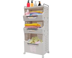 Laundry basket, plastic laundry collector, laundry trolley, laundry organiser, stackable laundry basket with wheels, laundry separator with 3 storage baskets, laundry sorting system, 41.7 x 29.7 x 89 cm