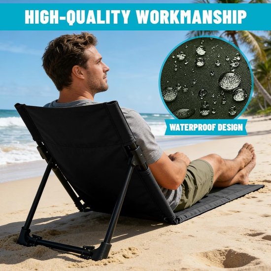 Strandmat met Rugleuning - opvouwbare kampeerstoel - Opvouwbare strandstoel - Vouwstoel / kussen - campingstoel buiten - Klapstoel - draagbare campingstoel met opbergtas - lichtgewicht strandvloerstoel - Ultiem Strandcomfort - Zwart — afbeelding 3