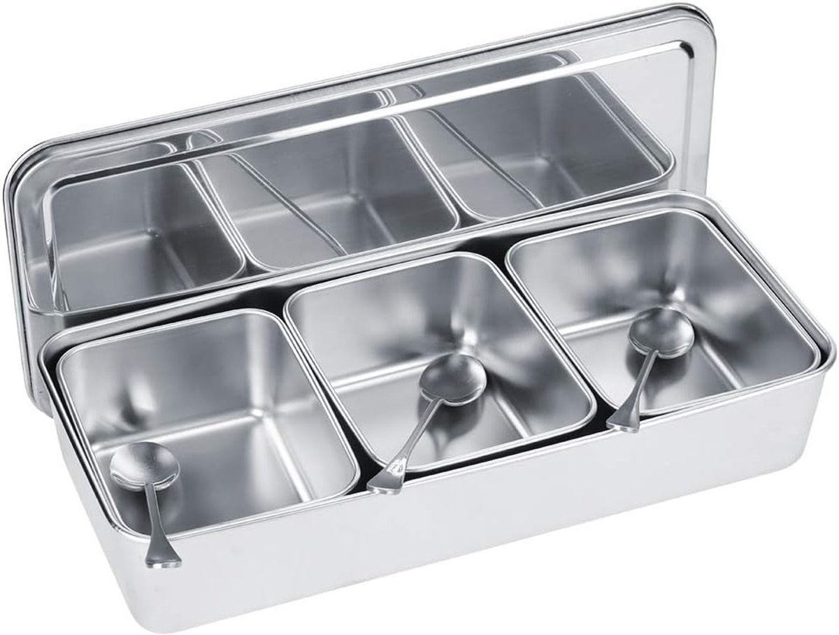 Kruidenbox Set van RVS met 3 Roosters en Lepel - Ideaal voor Keuken en Restaurantgebruik