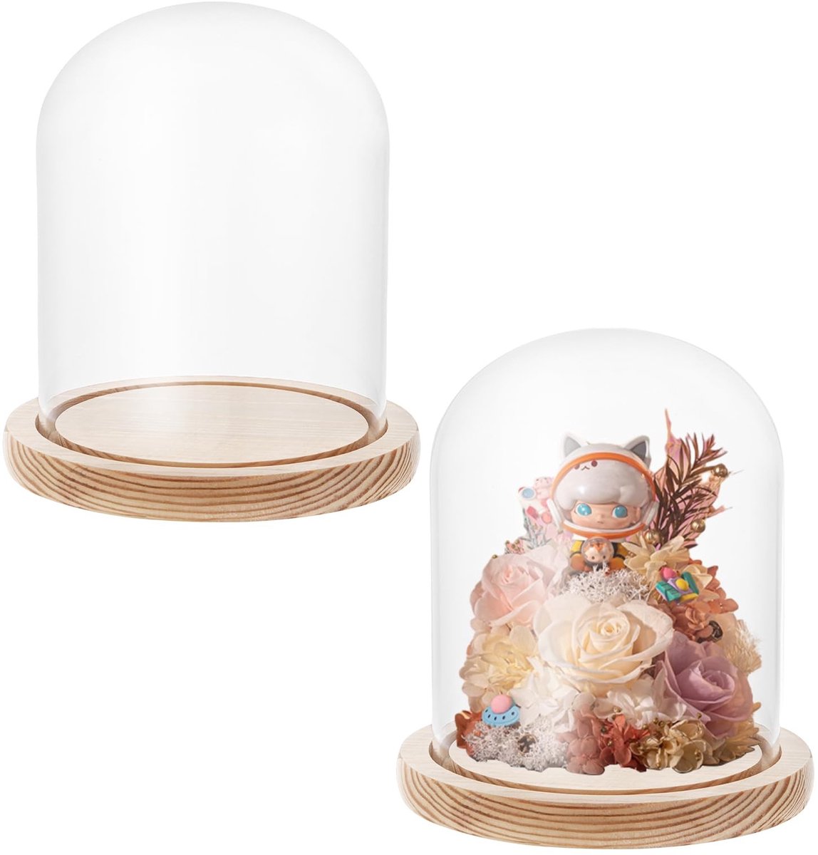 Dailygoods - Dailygoody - Glazen stolp - Decoratieve glazen koepel - Houten bodem - Bruin - Voor poppen en kaarsen - 2 stuks