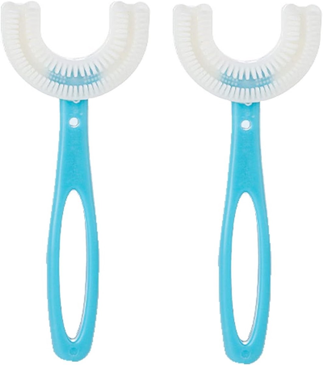 Set van 2 U-vormige tandenborstels voor kinderen, siliconen borstelharen, massage van het tandvlees, handmatige reiniging (6-12 jaar, blauw)